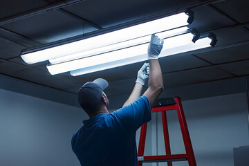 Wall Mural - The man checking or changing Fluorescent light tube in the building.