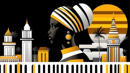 Wall Mural - profile of african american women with head dress, vintage illustration