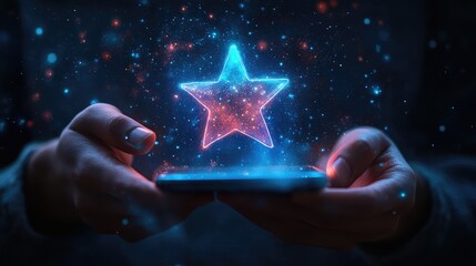 Poster - Person Interacts with Smartphone Displaying Glowing Blue Star Symbol
