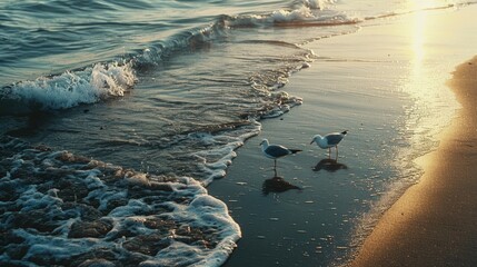 Aufkleber - A pair of seagulls stand on a sandy beach, overlooking the vast ocean