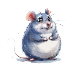 Watercolor vector of a cartoon fat mouse, isolated on a white background, fat mouse animation