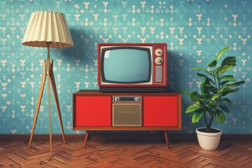 Aufkleber - Vintage TV set sitting on wooden table alongside potted greenery