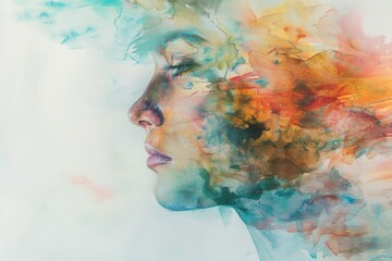 Poster - A beautiful portrait of a woman's face painted with watercolors, showcasing her unique features