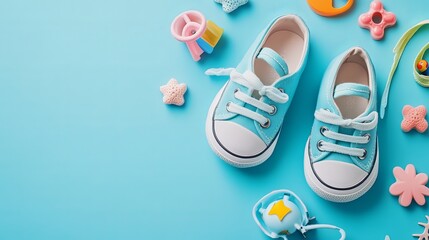 Stylish baby shoes paired with toys on a blue background.