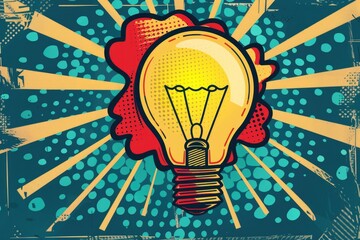 Poster - A single yellow light bulb shines brightly on a blue background, perfect for illustrations or design projects
