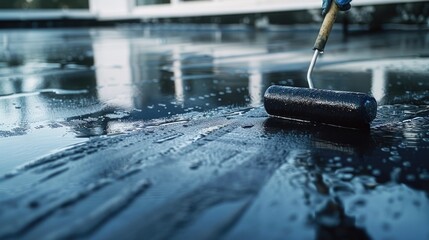 Aufkleber - A person uses a paint roller on a wet surface, perfect for painting and DIY projects