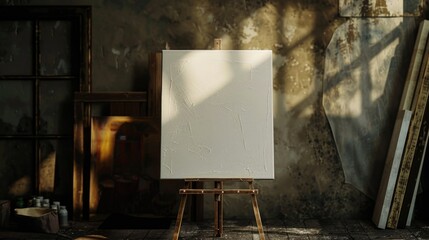 Poster - An artist's workstation with a finished painting and various art supplies