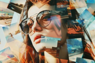 Poster - A woman wearing sunglasses looks at a collection of photographs