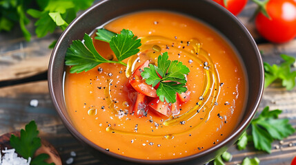 Wall Mural - Tomato soup garnished with parsley and olive oil in a bowl with fresh vegetables