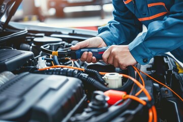 Poster - A person tinkering with the engine of a vehicle, giving advice for using in automotive or repair contexts