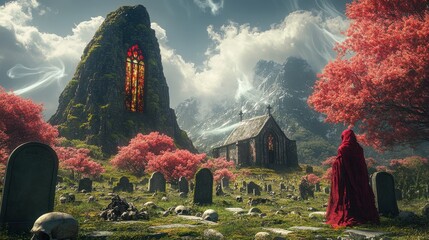 Enigmatic, mystical graveyard with red-cloaked figure; ancient chapel, vibrant cherry blossom trees, monolithic mountain in background