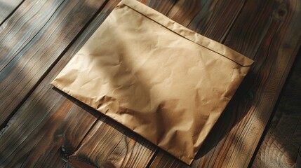 Poster - A brown paper bag sitting on top of a wooden table, perfect for everyday use or as a decorative element