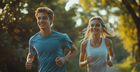 A man and a woman are running in a park