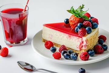 Canvas Print - Slice of cheesecake served with fresh berries and a glass of juice, perfect for a dessert or snack