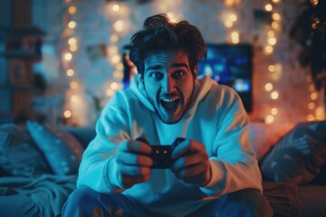 Poster - A person sits on a couch playing a video game, relaxed and focused