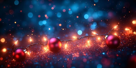 A vibrant Christmas light garland glows against a dark bokeh background.