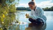 © Mikhail Vorobev - Female biologist collecting water samples near lake for environmental testing and analysis