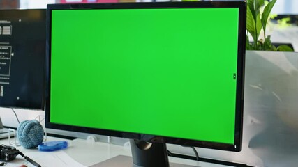 Poster - Green screen computer standing table at office room closeup. Worker hands typing