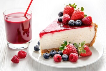 Poster - A slice of cheesecake served with fresh berries and a glass of juice