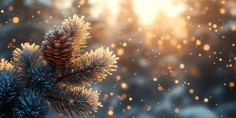 Wall Mural - Snow-dusted pine needles with frost droplets in a winter woodland at sunset