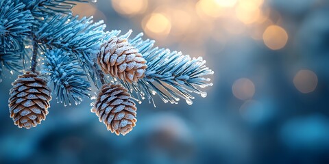 Wall Mural - Snow-covered pine branches with delicate frost droplets in a winter forest