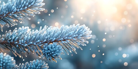 Wall Mural - Close-up of snow-dusted pine needles with tiny frost droplets in winter