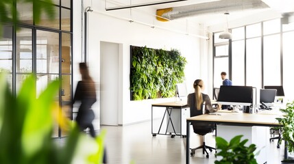 Poster - Modern office with a green wall and people working at desks.