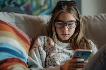 Poster - Young girl sitting on couch studying or texting