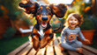 © OctaynePix Media - Wiener dog joyful with kids, Wiener dog wonder and joy motif, illustrations wallpaper background