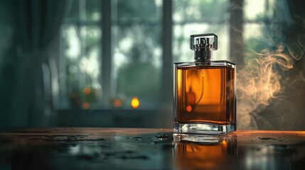 Poster - A detailed shot of a perfume bottle on a table, perfect for product or beauty-related uses