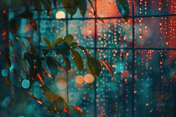 Poster - A window with raindrops glistening and a tree branch in the foreground, perfect for weather or nature-inspired designs