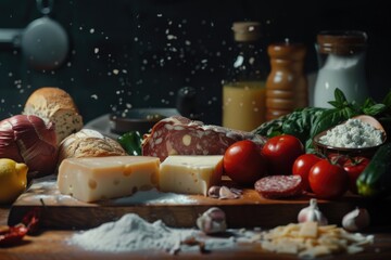 Wall Mural - A wooden cutting board covered with various foods