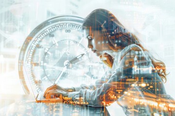 Aufkleber - A woman sits in front of a computer with a clock visible in the background, providing context for timing and deadlines