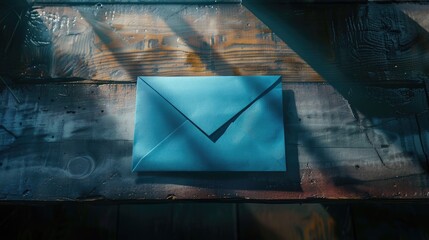 Aufkleber - A blue envelope sitting on a wooden table