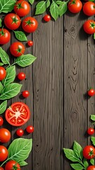 Wall Mural - Fresh red tomatoes and green basil leaves on a rustic wooden background.