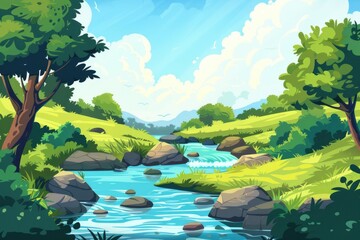 Poster - A serene scene of a river flowing through a dense and vibrant green forest, ideal for use in travel or nature photography projects