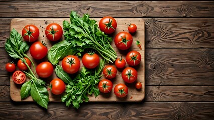 Wall Mural - Fresh red tomatoes, basil and parsley on a rustic wooden board.