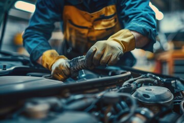 Poster - A person repairing an automobile engine in a garage