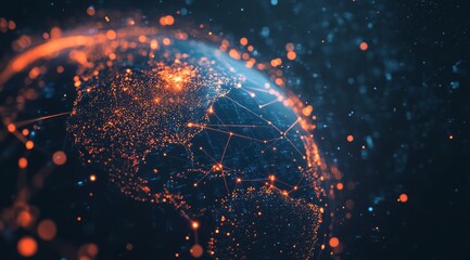 Poster - An abstract artistic depiction of a digital globe vividly illustrates radiant connections, which embody global connectivity as well as the seamless flow of data that transcends borders and boundaries