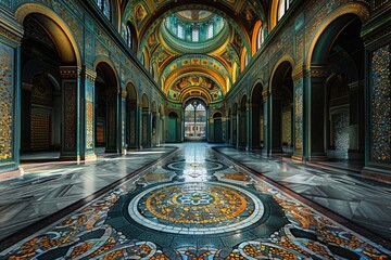 Poster - A long hallway with a clock on the floor