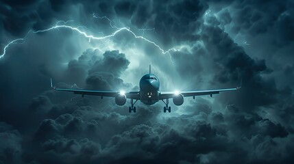 Poster - An airplane flying through a stormy sky with lightning and dark clouds.