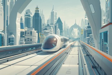 Poster - A futuristic city with a train on the tracks, great for urban or technological backgrounds