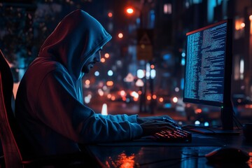 Poster - Imagine a dedicated hacker engrossed in coding at his desk, surrounded by vibrant city lights. This scene embodies modern technology and the intricate world of data manipulation and cybersecurity