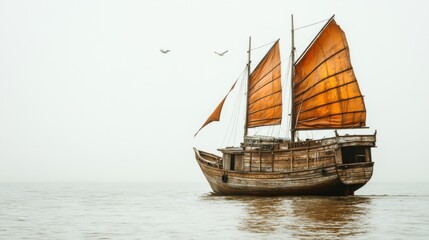 Wall Mural - A boat with sails in the water near birds flying, AI