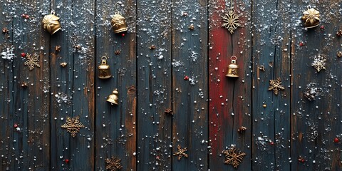 Wall Mural - Rustic wood texture with frost and Christmas elements, blending warmth and winter chill