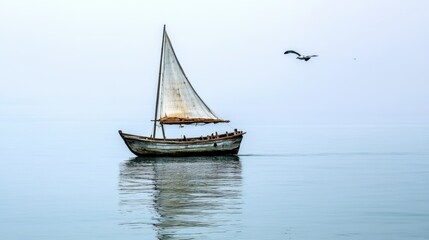 Canvas Print - A small sail boat floating in the water with a seagull flying above, AI