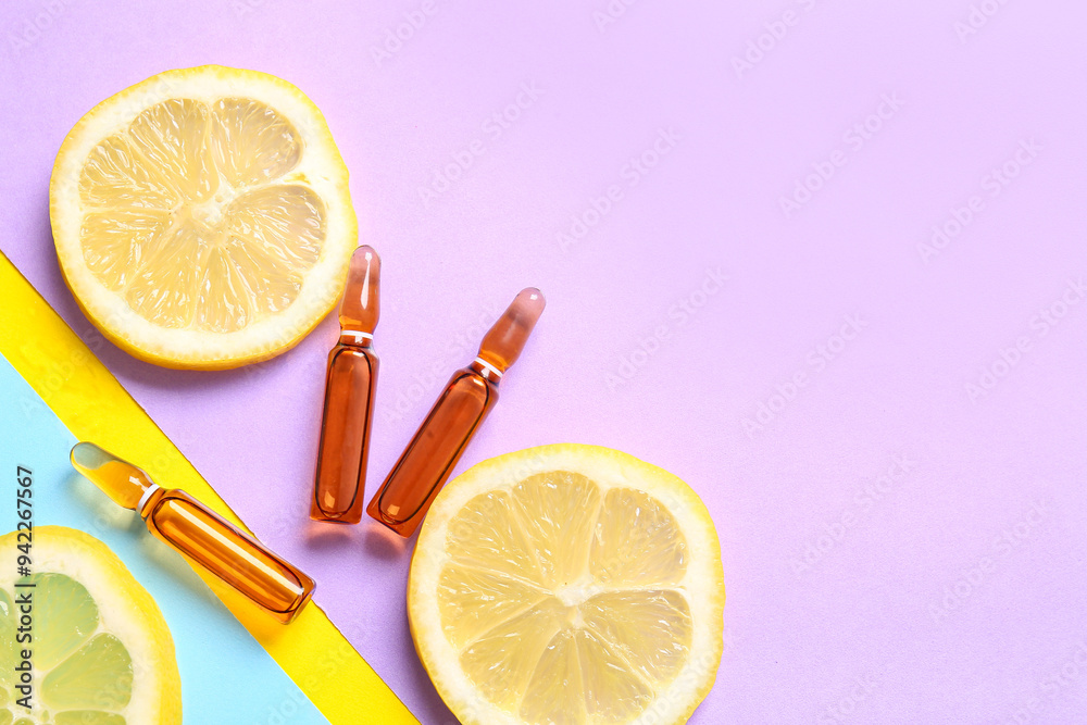 Ampoules with vitamin C and lemon slices on colorful background