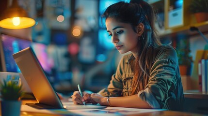 Poster - A woman sits at a table using her laptop, ideal for office or study scenes