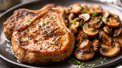 Wall Mural - A plate of grilled pork chops served with saut?ed mushrooms.