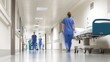 © Felippe Lopes - A female nurse pushes a hospital bed down a sterile hallway.